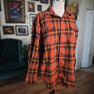 Carhartt Flannel Shirt Mens Large Loose Fit Plaid Orange Brown Heavy Workwear L